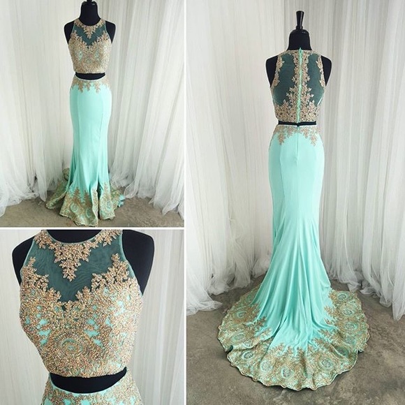 Dresses & Skirts - Teal and Gold prom dress w/ bustle tailored